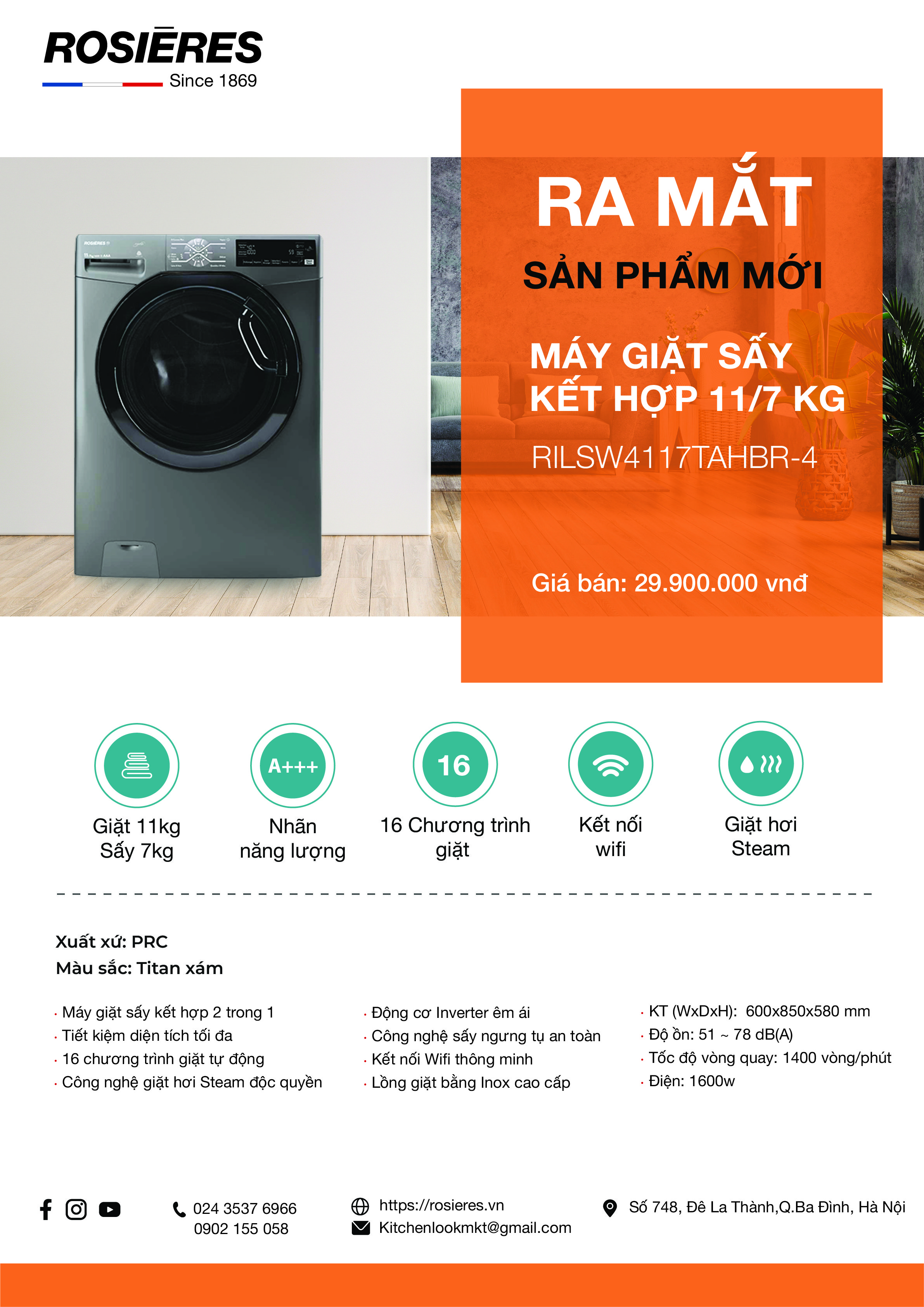 Rosières ra mắt máy giặt sấy kết hợp RILSW4117TAHBR-4 mới nhất 2022 tích hợp wifi cảm ứng thông minh, công nghệ sấy ngưng tụ.